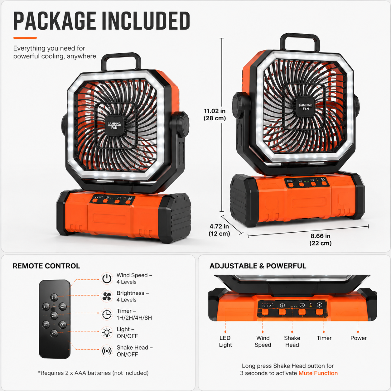 TrailBreeze™ Rechargeable Bluetooth Camping Fan with LED Light & Hanging Hook