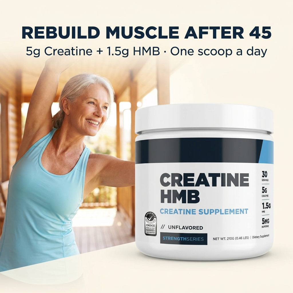 Vibora Creatine + HMB jar beside a fit, smiling woman in her late fifties — Rebuild muscle after 45, 5g creatine + 1.5g HMB, one scoop a day