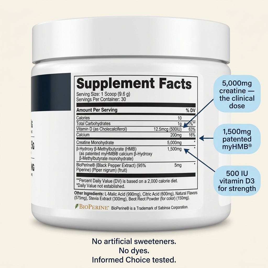 Supplement Facts panel with callouts: 5,000mg creatine, 1,500mg myHMB, 500 IU vitamin D3