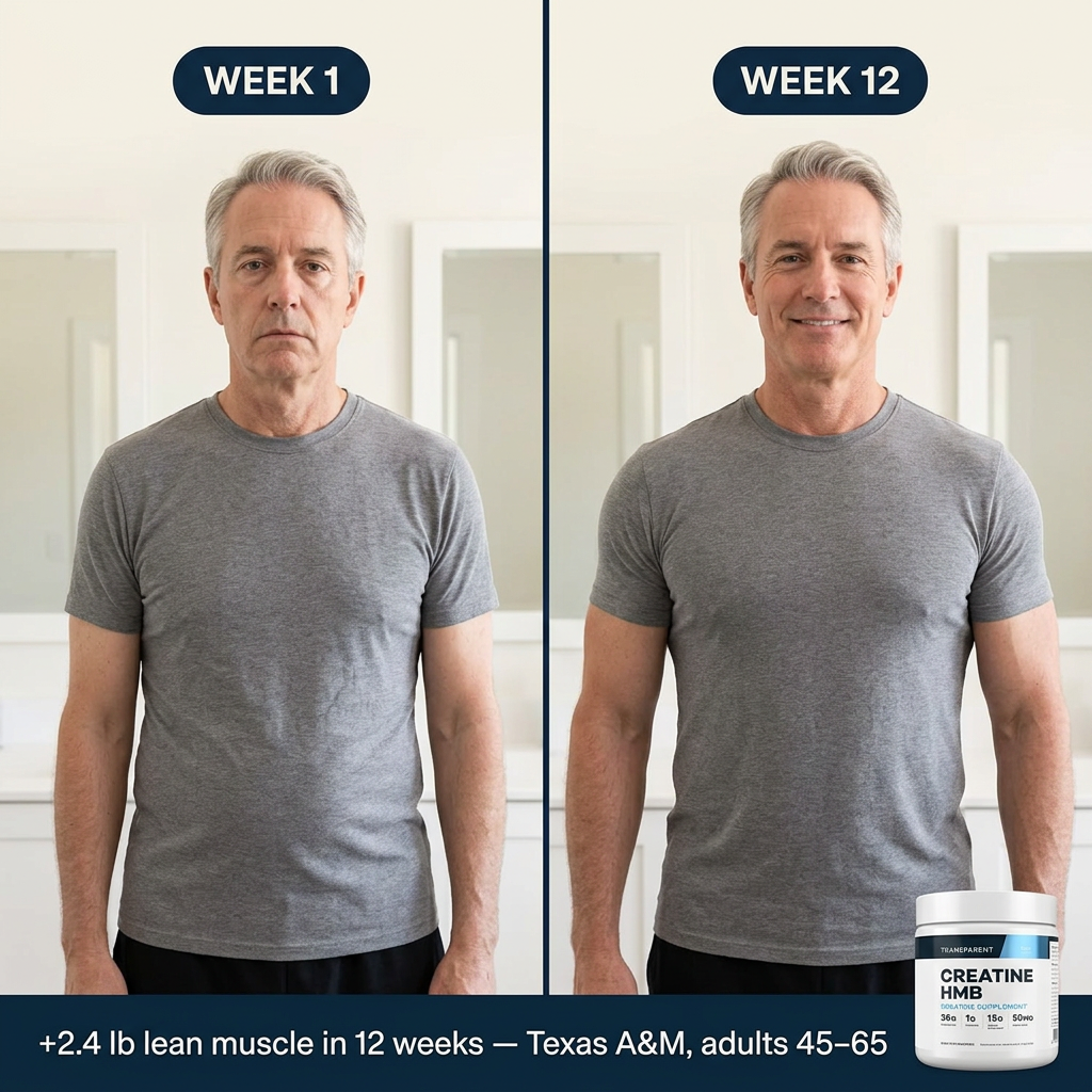 Week 1 vs week 12: the same man in his late fifties standing taller with fuller shoulders and arms — +2.4 lb lean muscle, Texas A&M