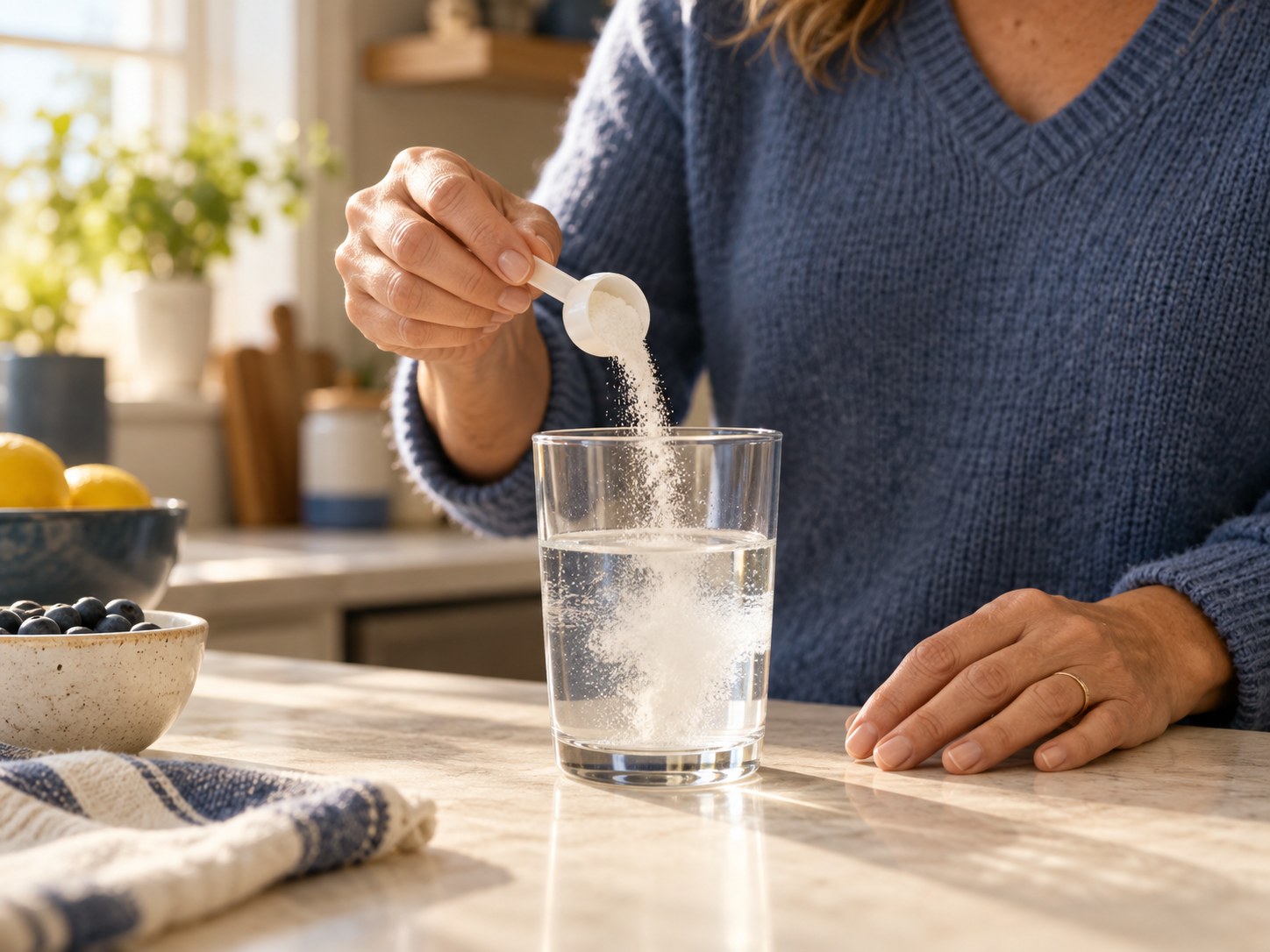 A scoop of supplement powder being added to a glass of water on a sunlit kitchen counter