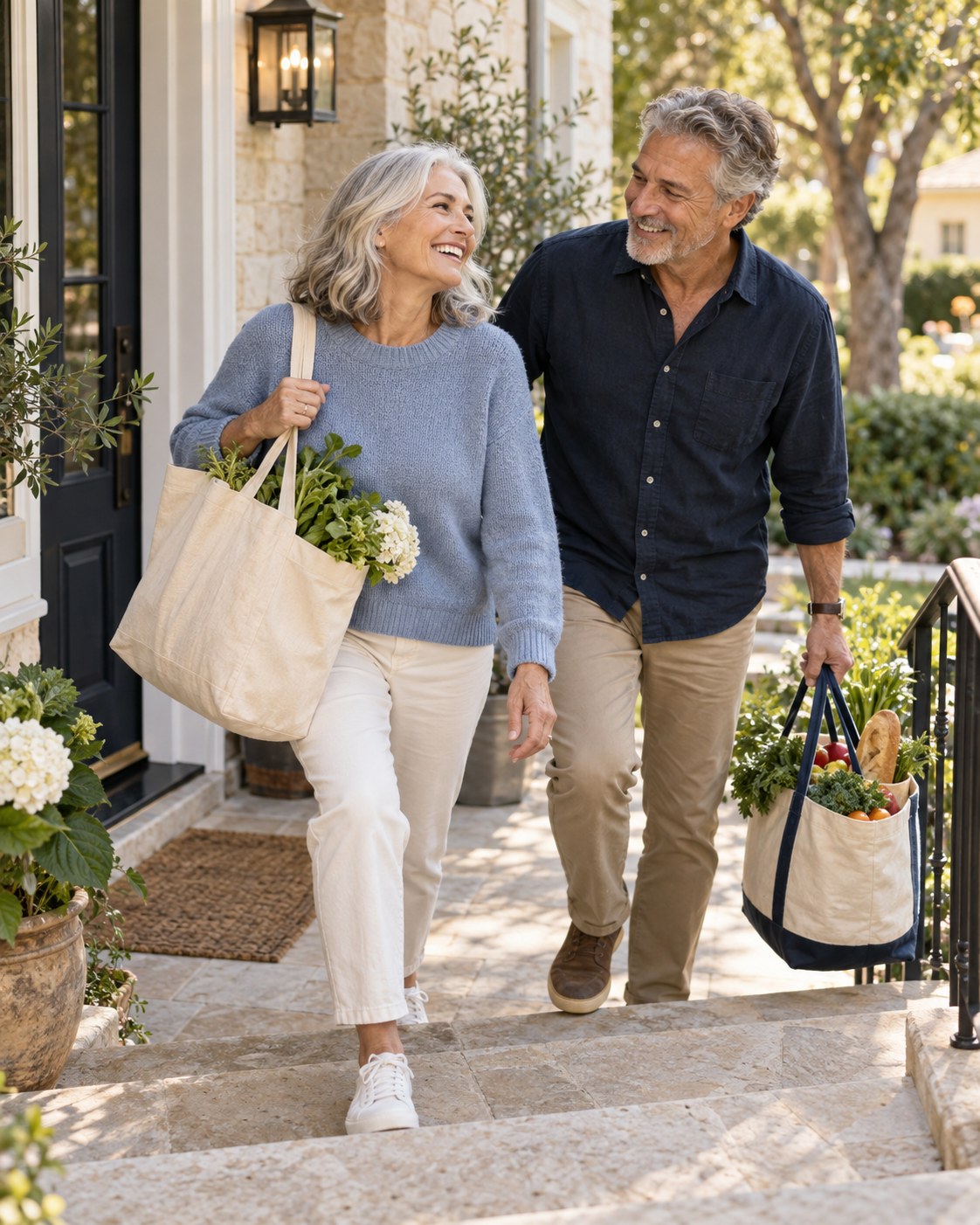 Man and woman in their late fifties laughing while carrying groceries up the front steps