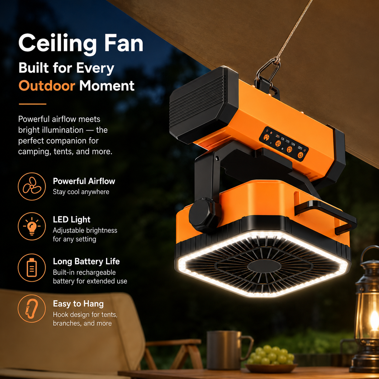 TrailBreeze™ Rechargeable Bluetooth Camping Fan with LED Light & Hanging Hook