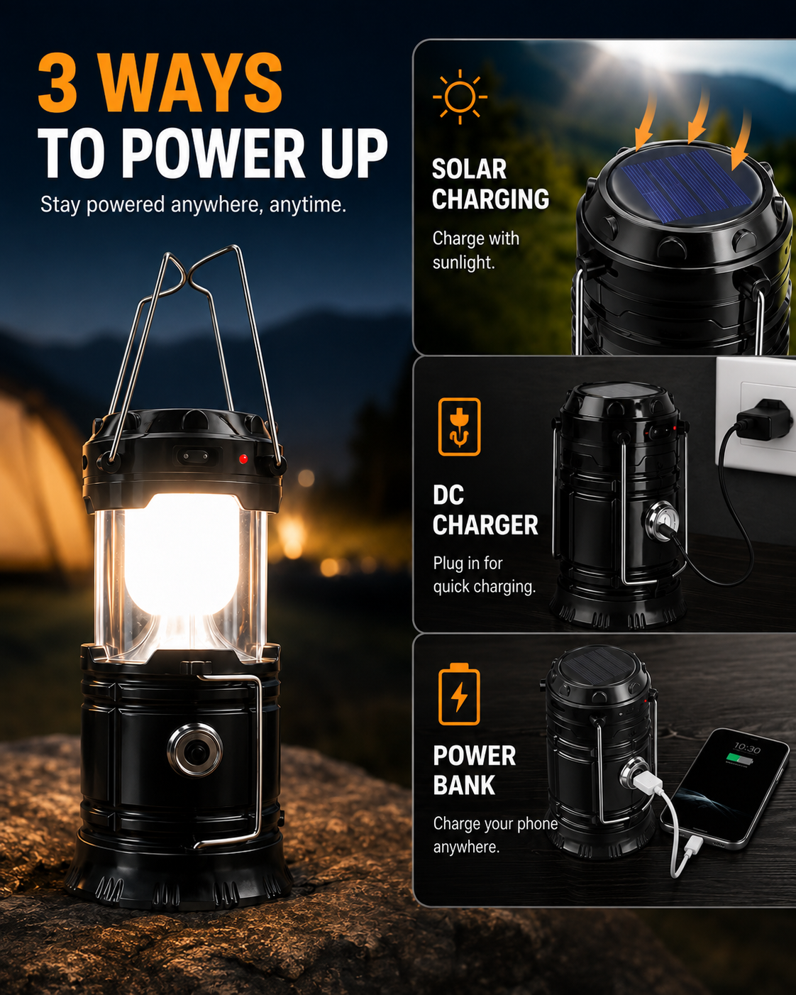 TrailGlow Pro charging a phone from its built-in power bank