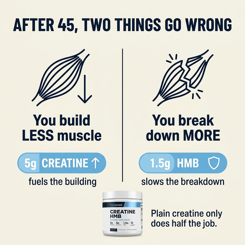After 45, two things go wrong: you build less muscle and break down more — creatine fuels the building, HMB slows the breakdown