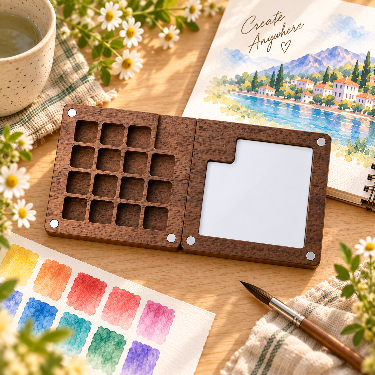 Open walnut-tone WanderPalette with paint wells and white mixing area on a warm artist desk