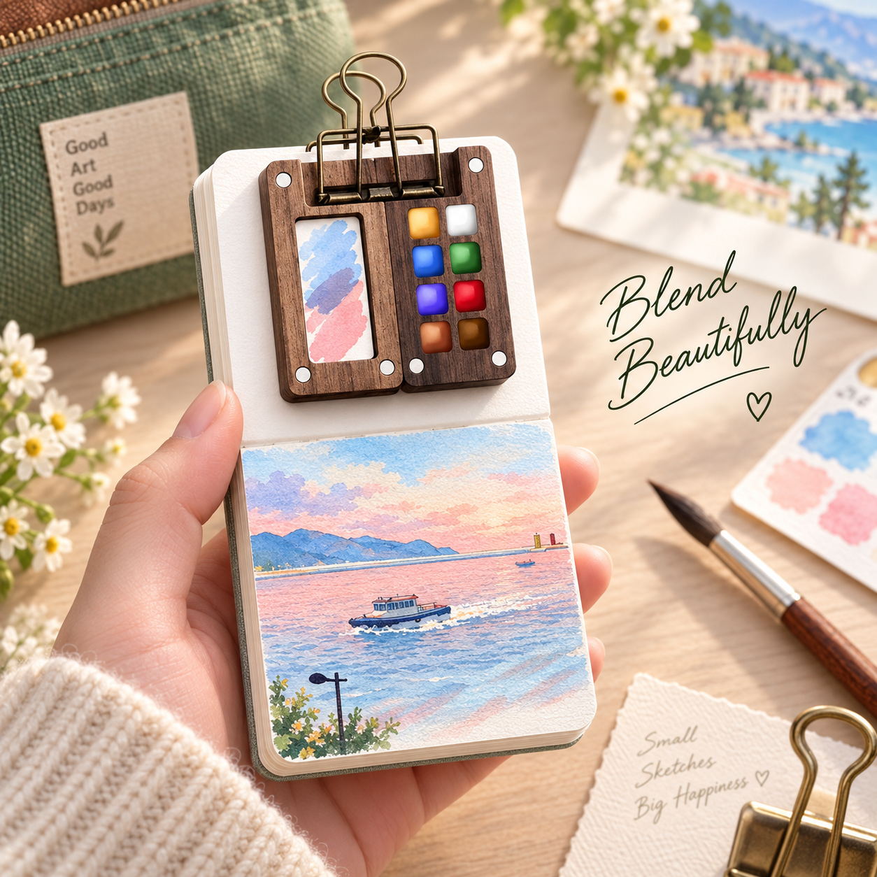 Small wooden watercolor palette clipped to a pocket journal in a warm travel-art setting