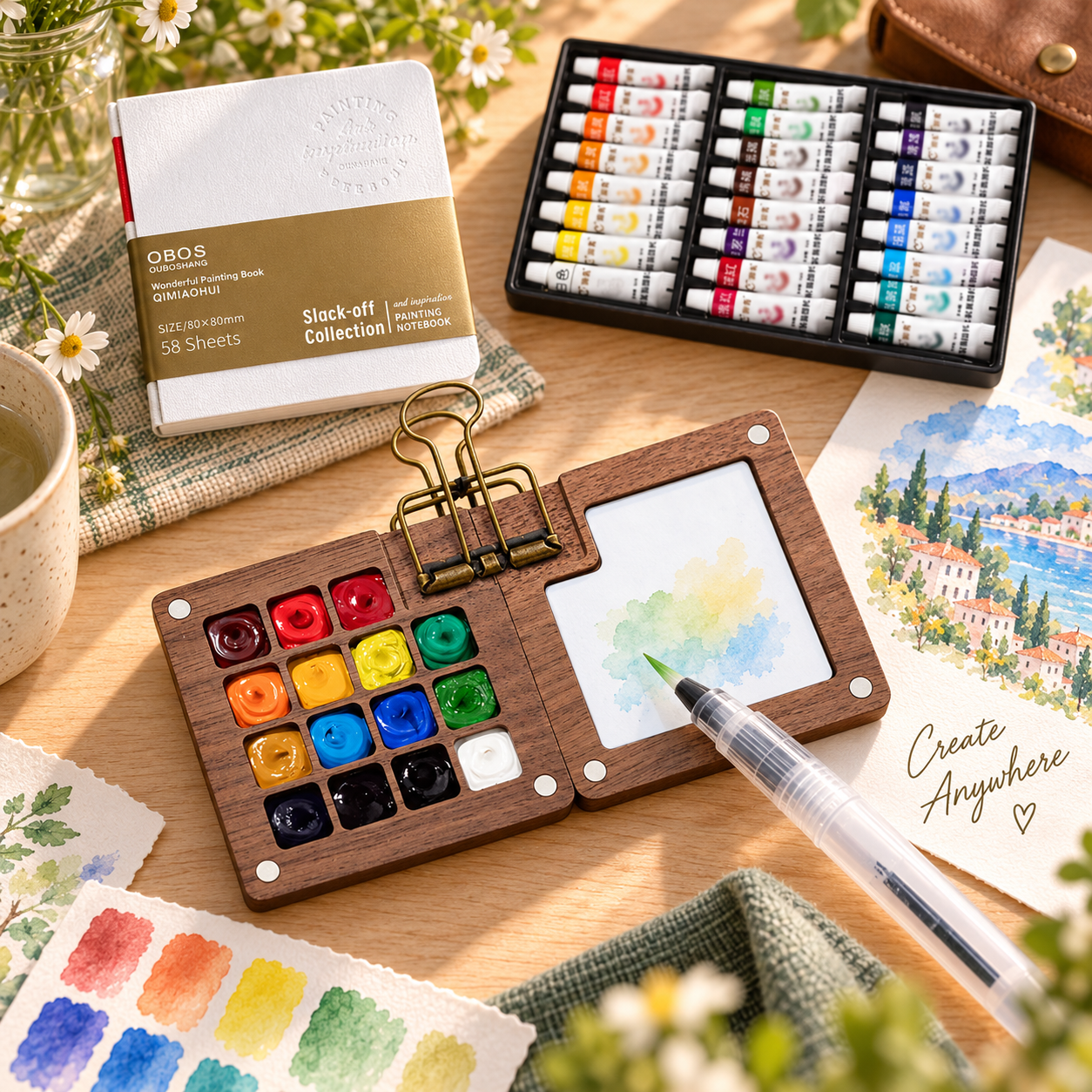 Wooden 15-grid travel watercolor palette with loaded paint wells and mixing area